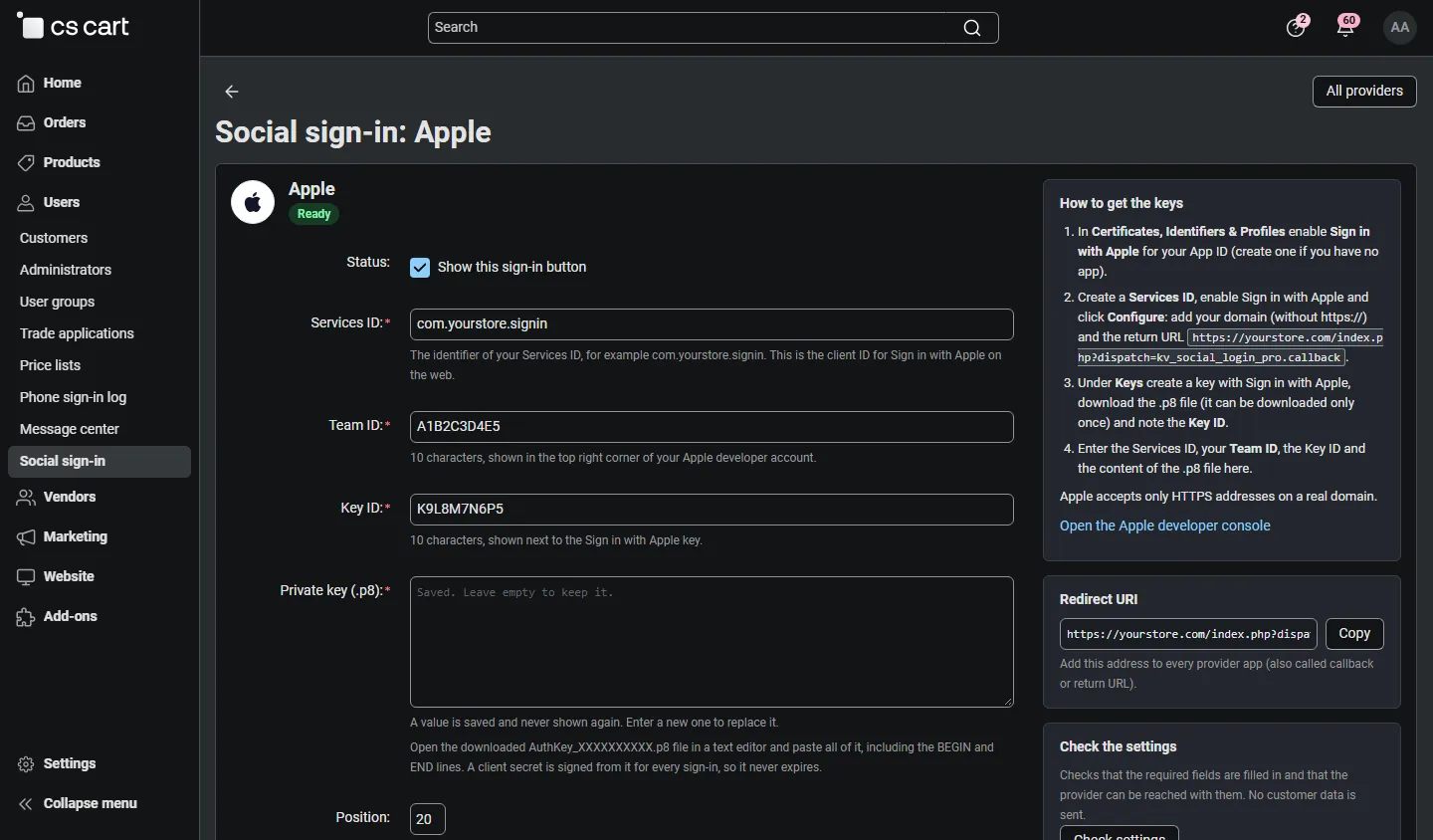 Admin: Sign in with Apple settings (Services ID, Team ID, Key ID, .p8 key) with the setup steps and Check settings.