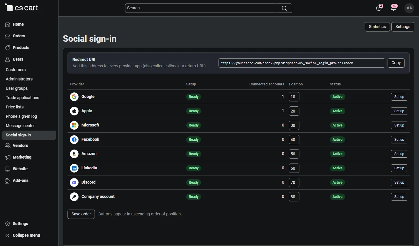 Admin: Social sign-in providers, redirect URI with Copy, setup state, connected accounts, order.