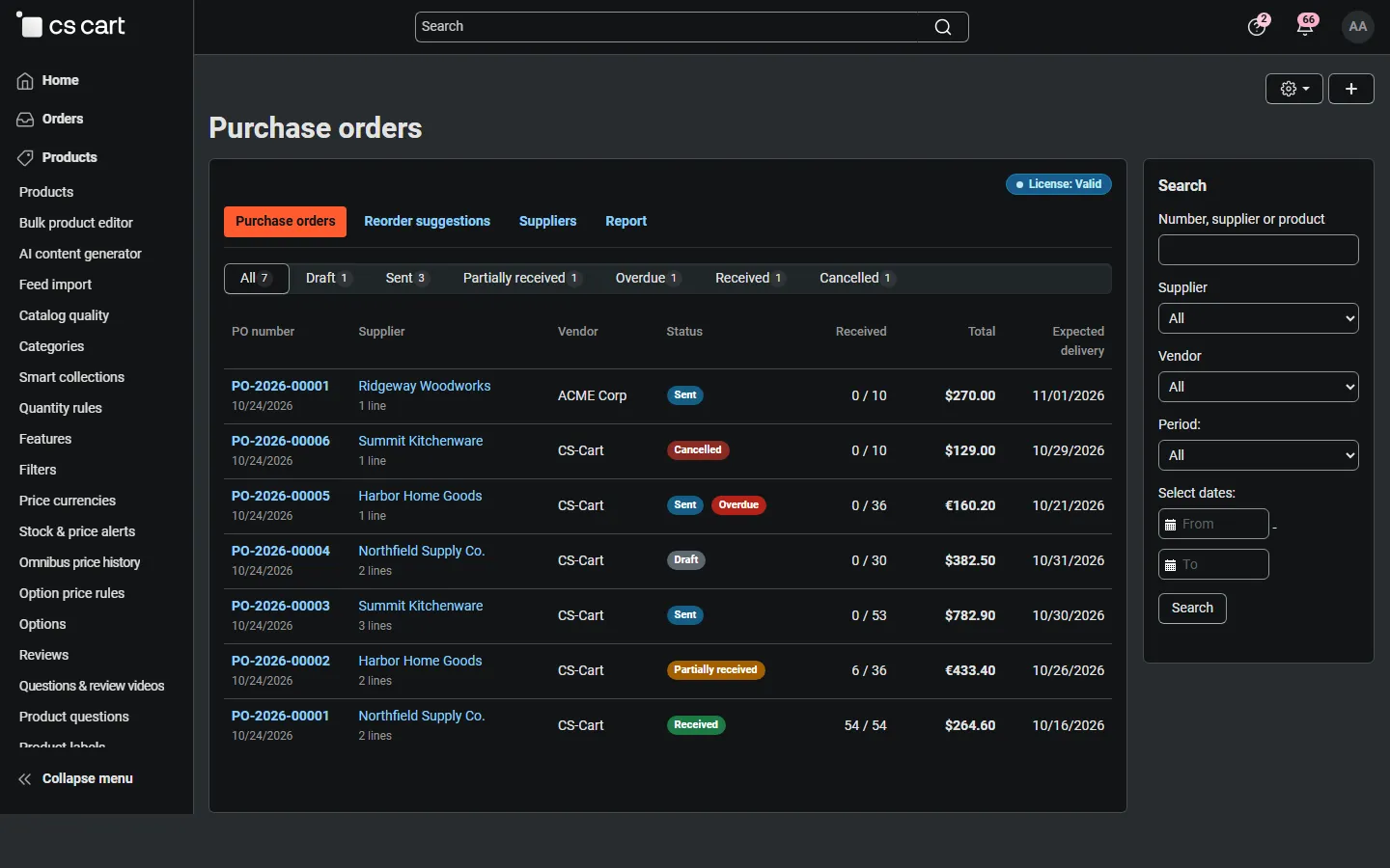 Products > Purchase orders: status tabs with counts, overdue badge, totals in the supplier currency.