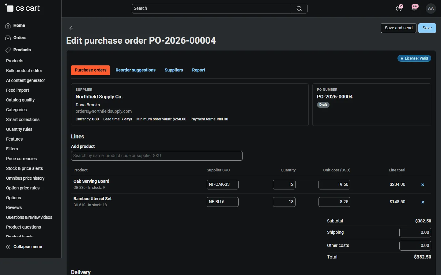 Draft editor: supplier terms, lines with supplier SKU, quantity and unit cost, totals.