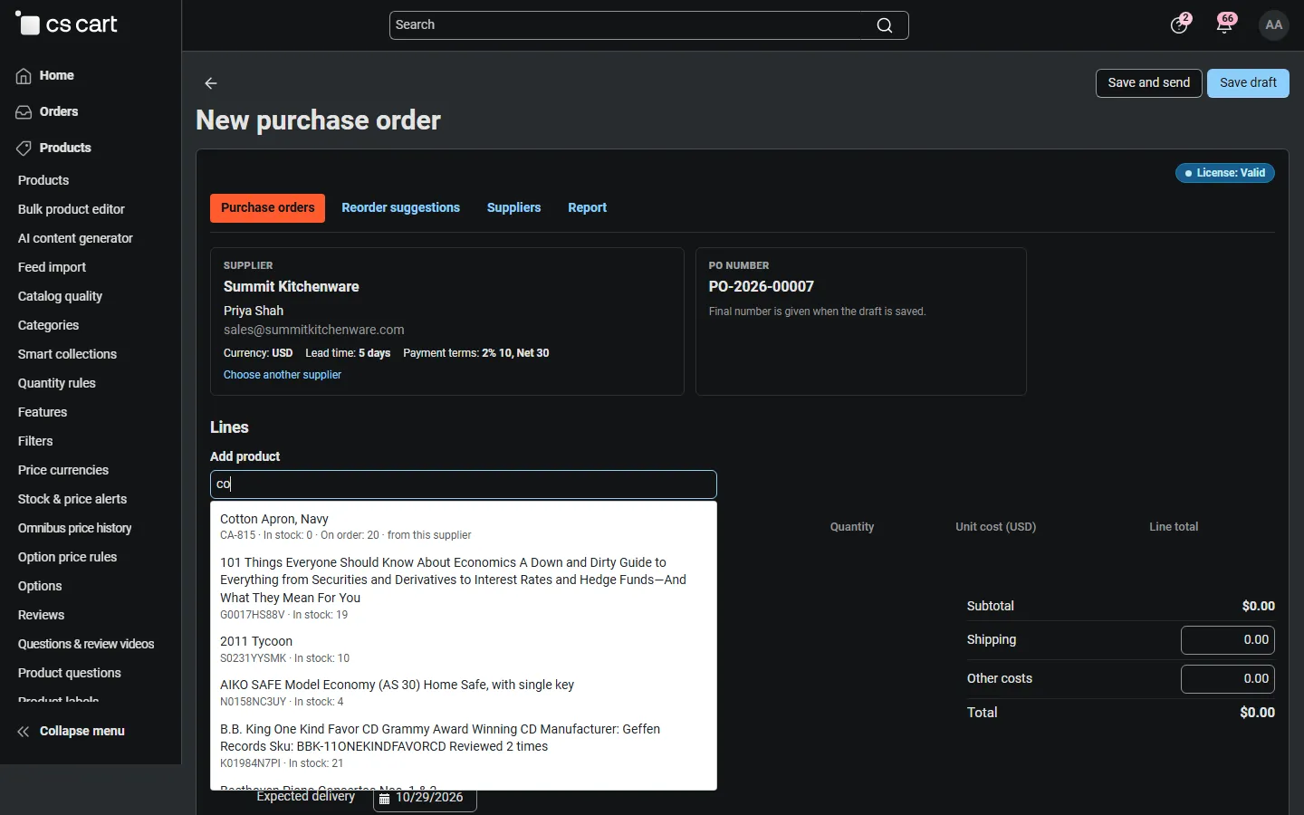 New purchase order: product search with stock, on-order and “from this supplier”.