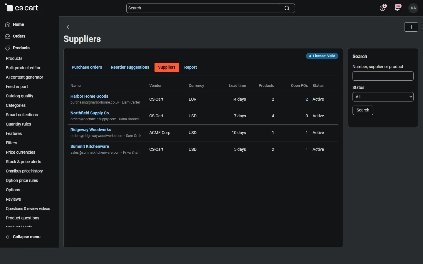 Supplier list: currency, lead time, products, open purchase orders.