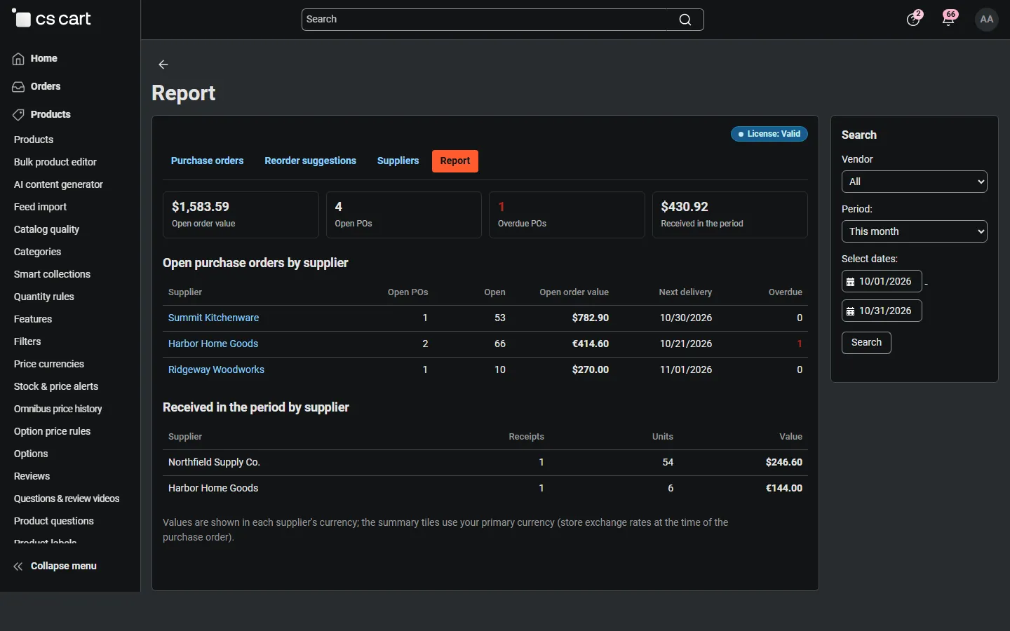 Report: open order value by supplier, overdue, received in the period.