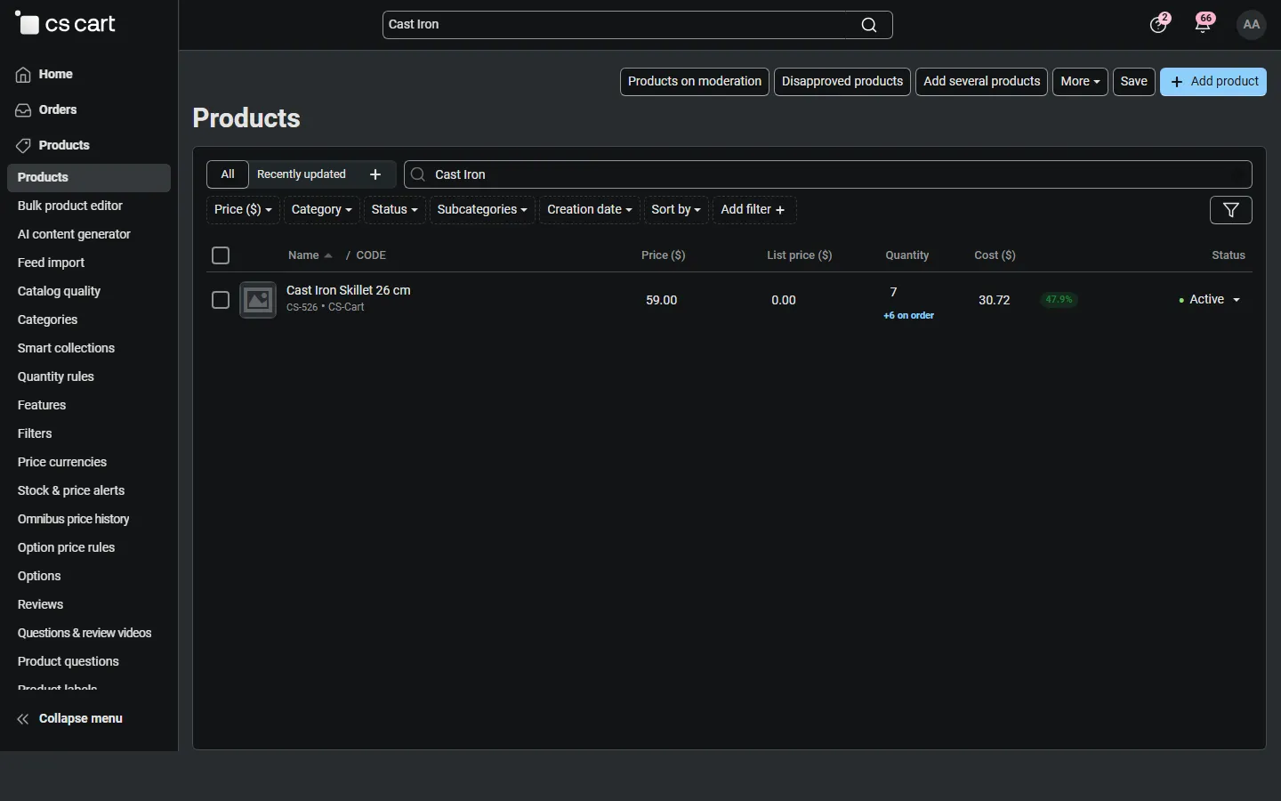 Product list: “+6 on order” under the quantity.