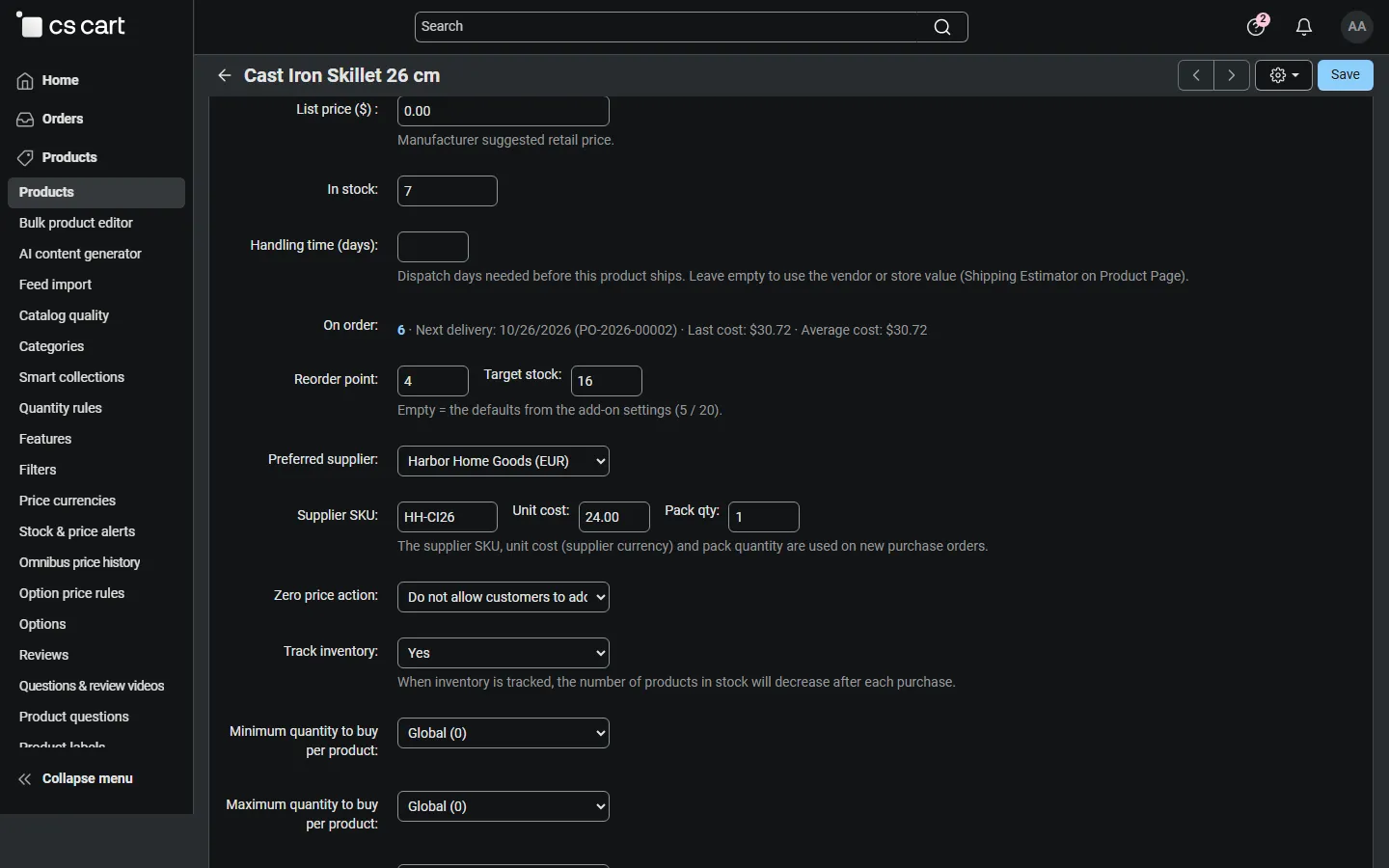 Product editor: on order, last / average cost, reorder point, preferred supplier.