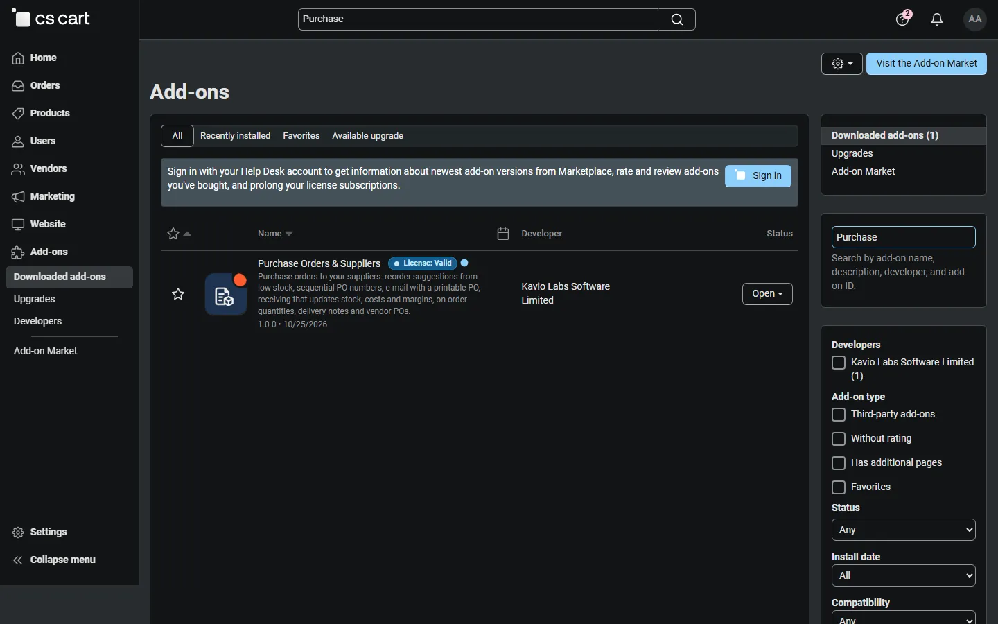 Add-ons list with the add-on active (placeholder icon until integration).