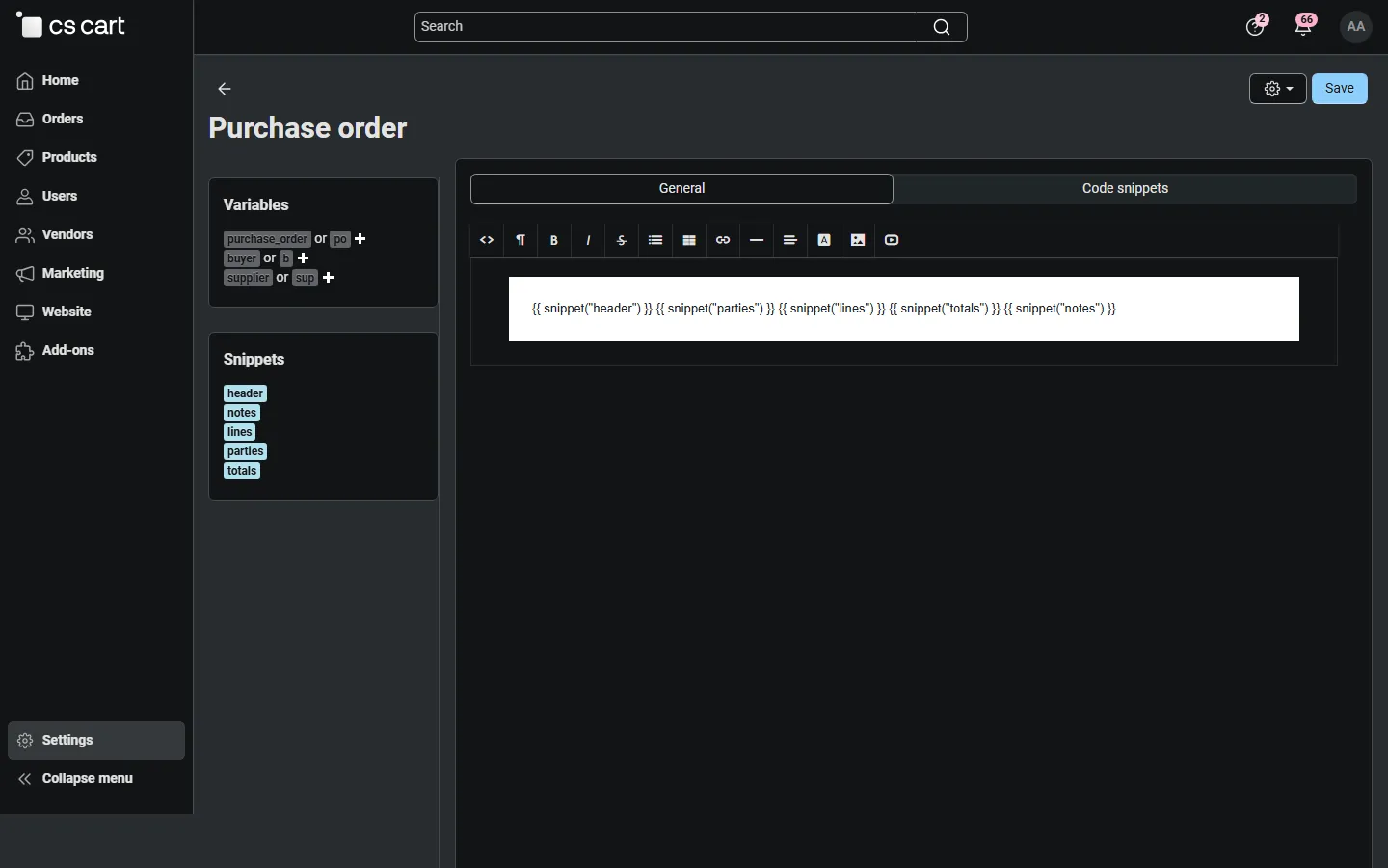 Design > Documents: purchase order template with variables and snippets.