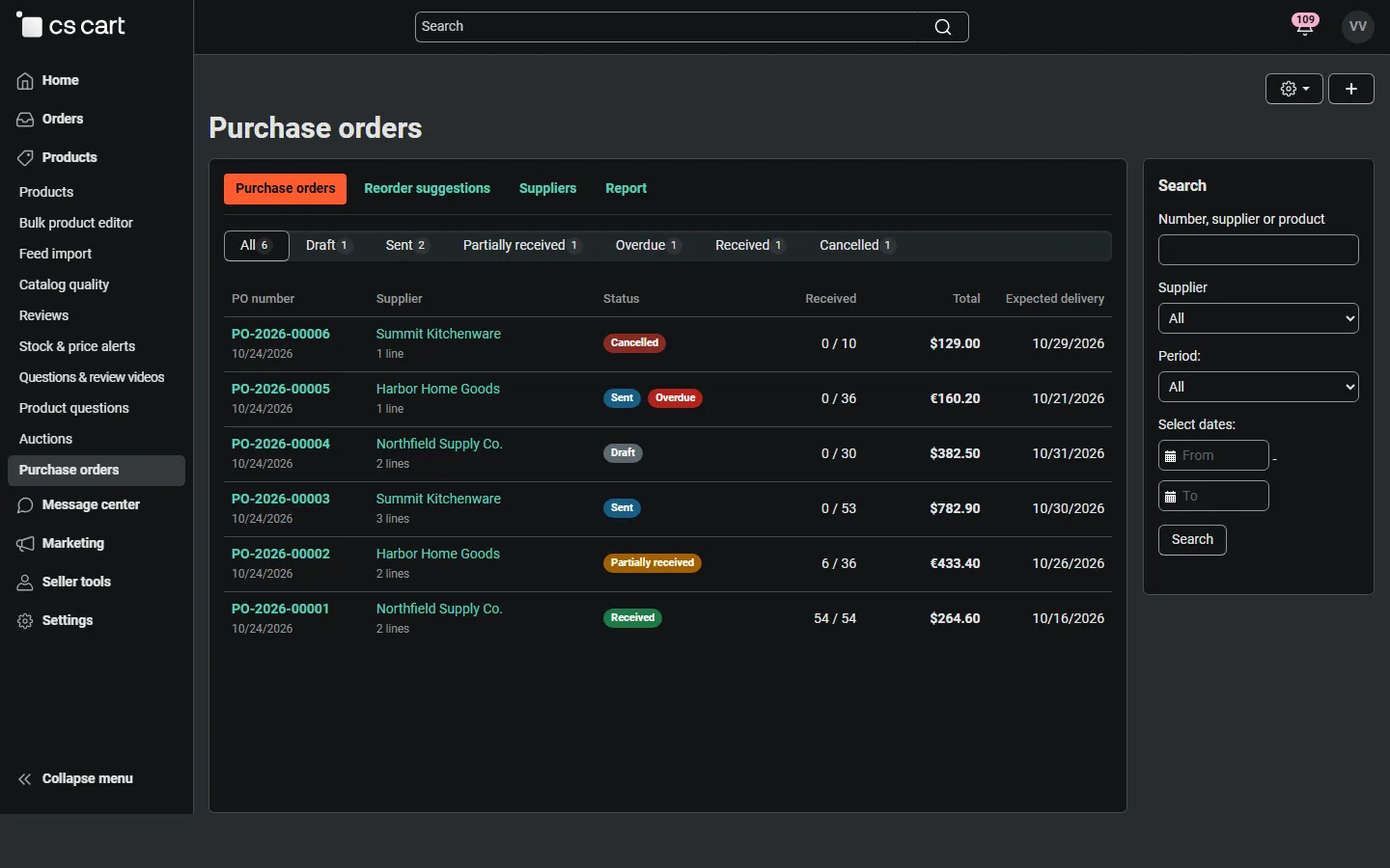 Vendor panel: the vendor’s own purchase orders only.
