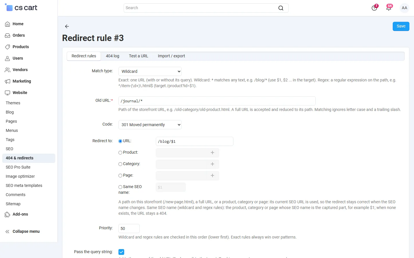 Rule form: wildcard /journal/* to /blog/$1, targets URL/product/category/page/same SEO name, priority, query pass-through, override.