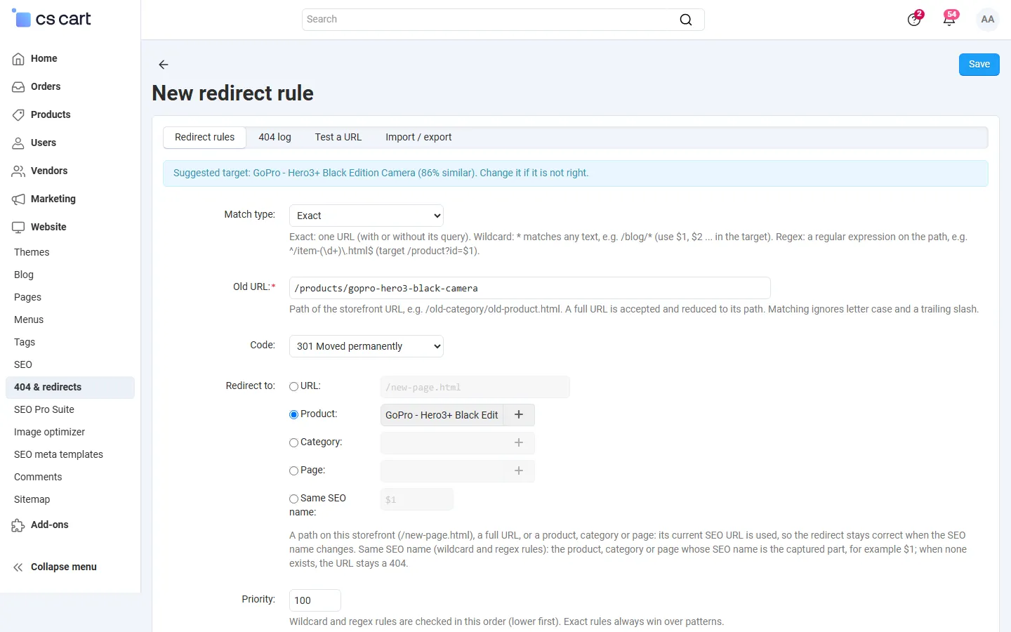 Create redirect from the log: the 404 URL and the suggested product prefilled.