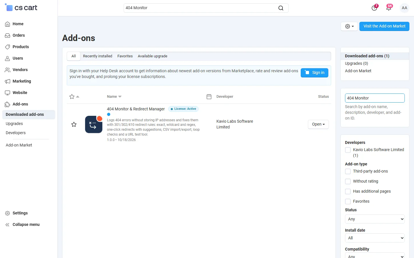 Downloaded add-ons searched for “404 Monitor” (Multi-Vendor 4.21.2), with the add-on icon.
