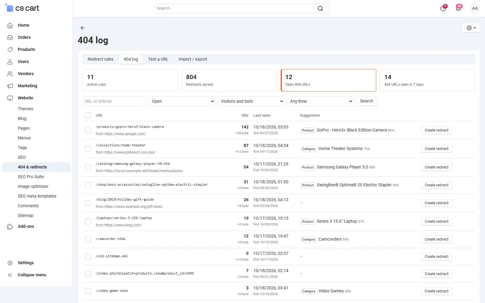 404 log: tiles, filters and old URLs with hits, bot hits, referrers and product/category suggestions with Create redirect.