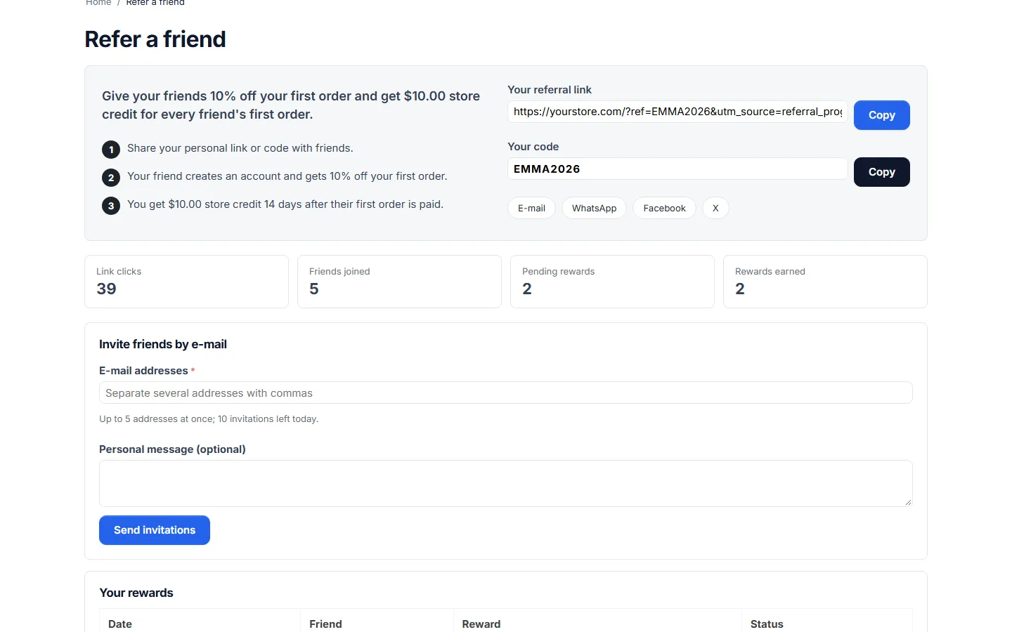 Refer a friend page: link, code, share buttons, statistics and invitations