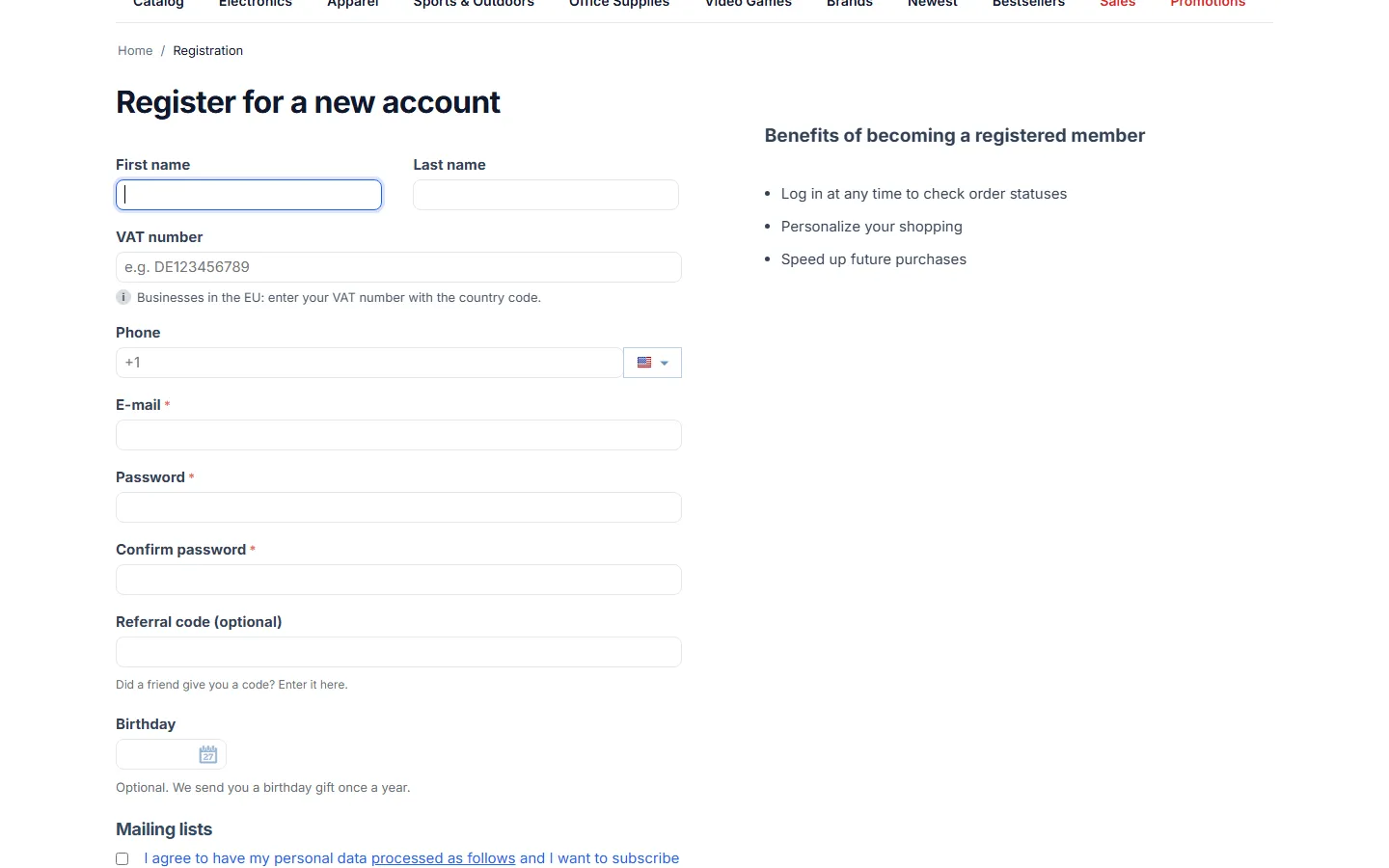 Registration form with the optional referral code field.