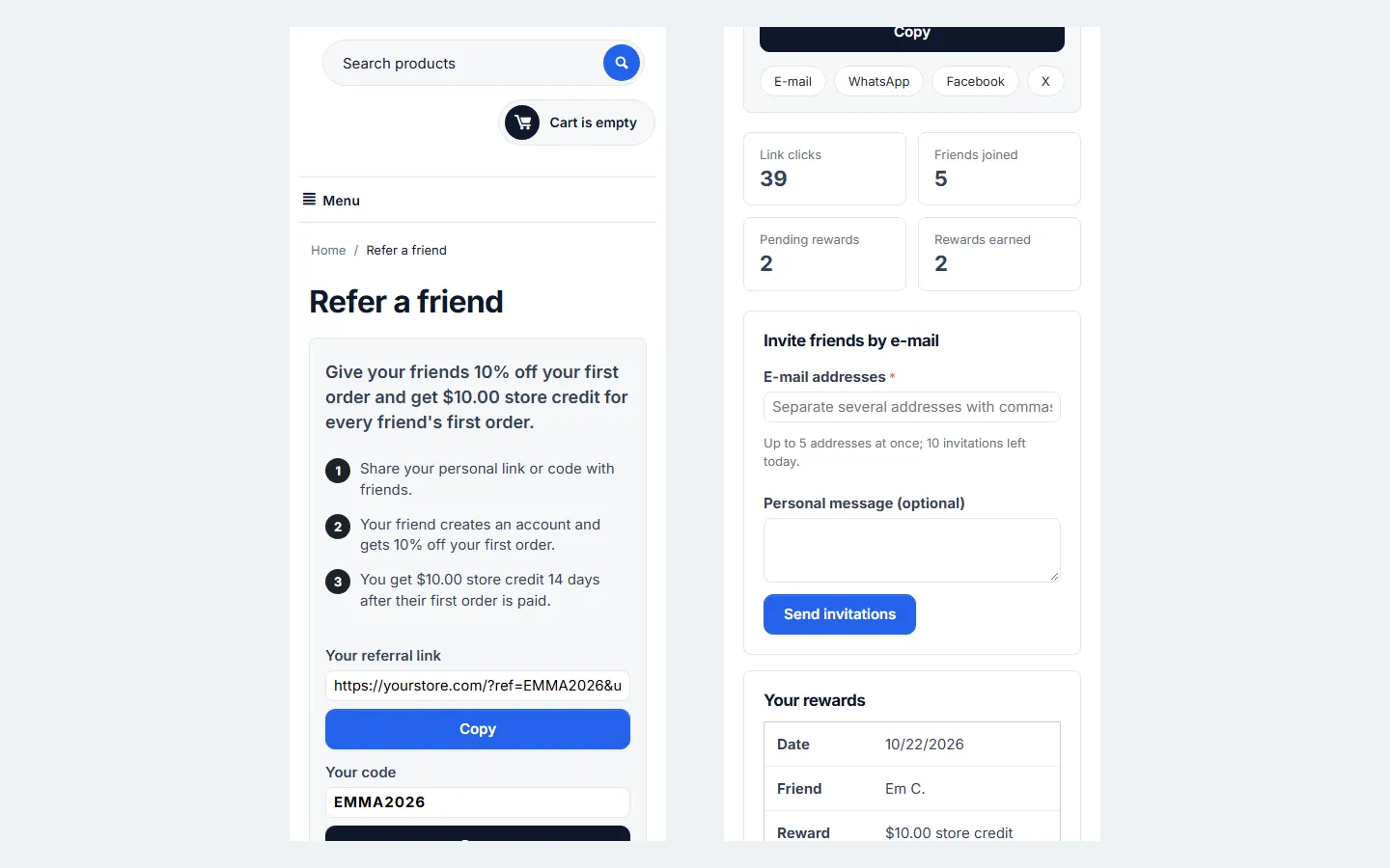 Refer a friend page on a phone (390 px).