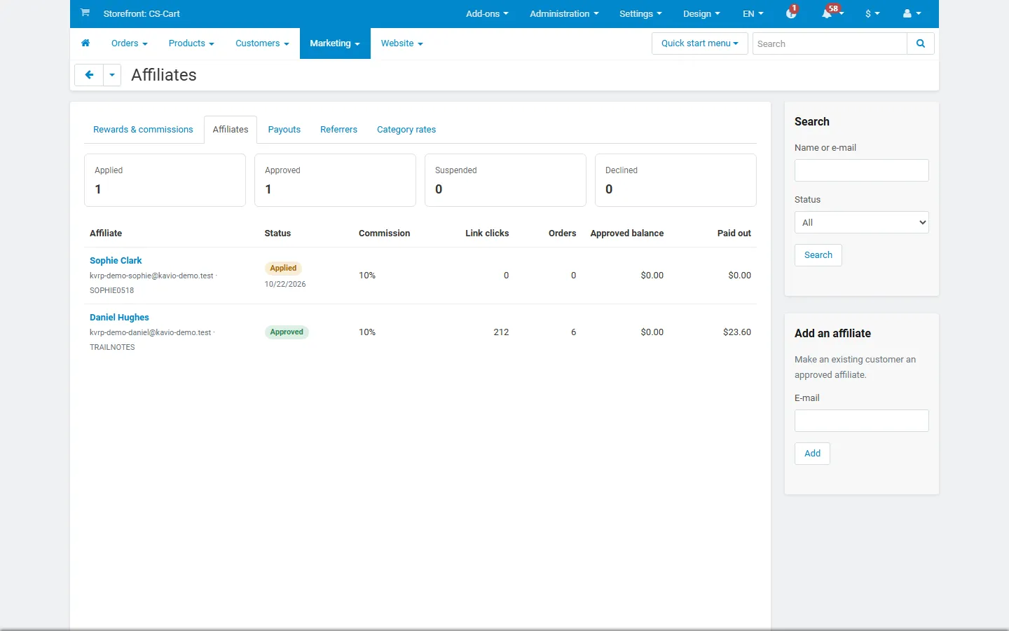 Affiliates with status, rate and balances.