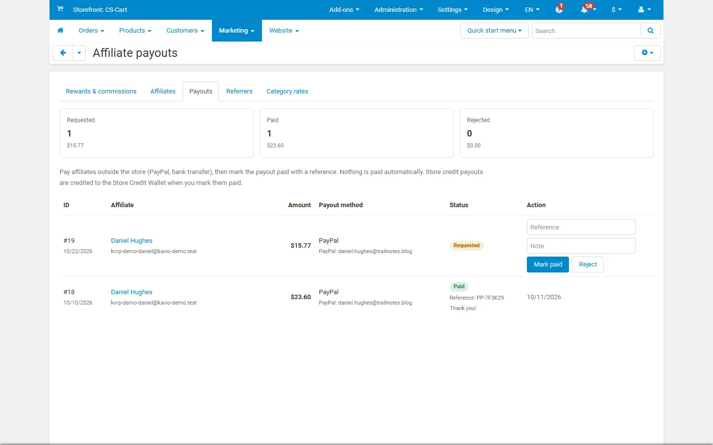 Payout requests with Mark paid and Reject.