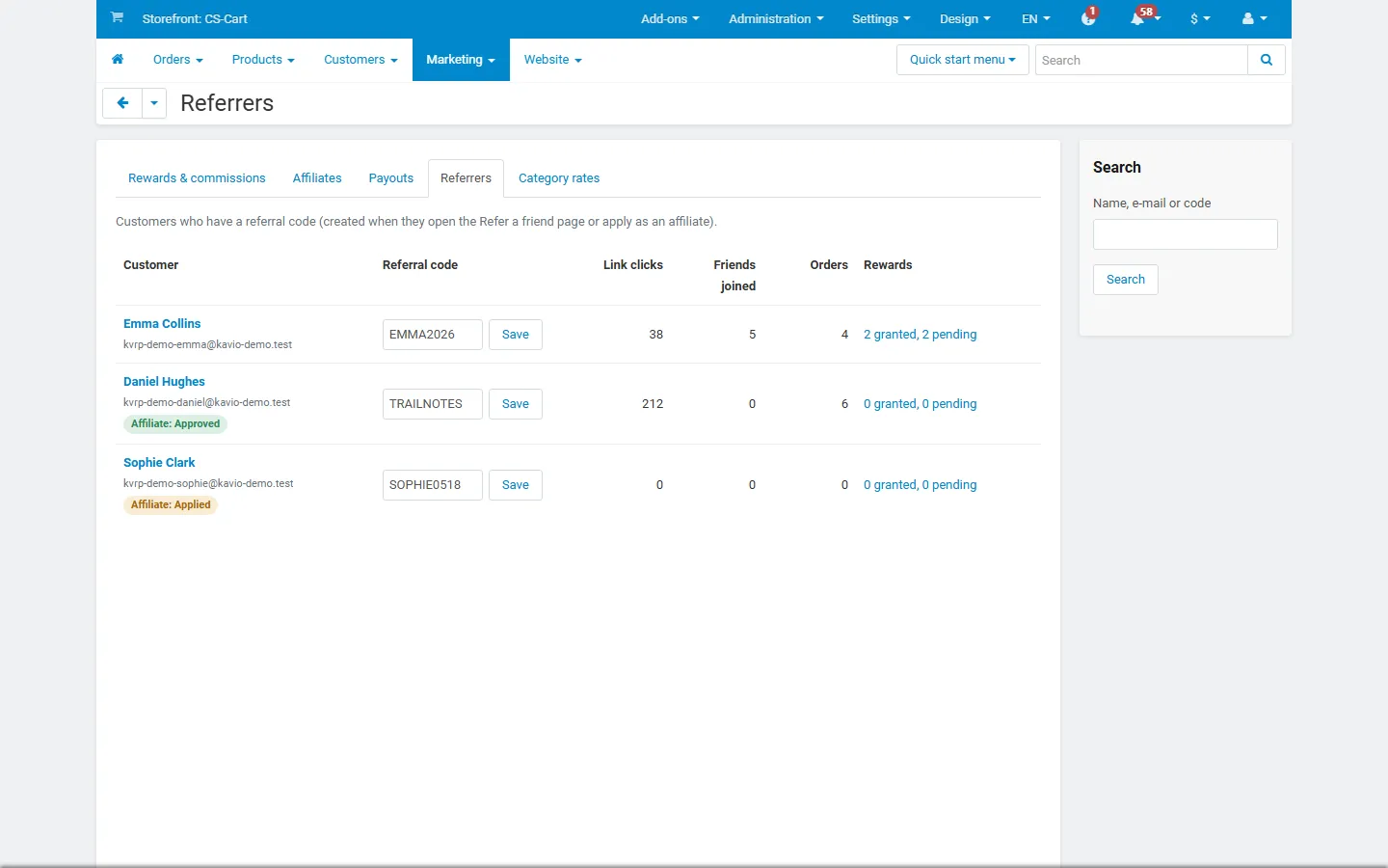 Referrers with codes, clicks, friends and rewards.
