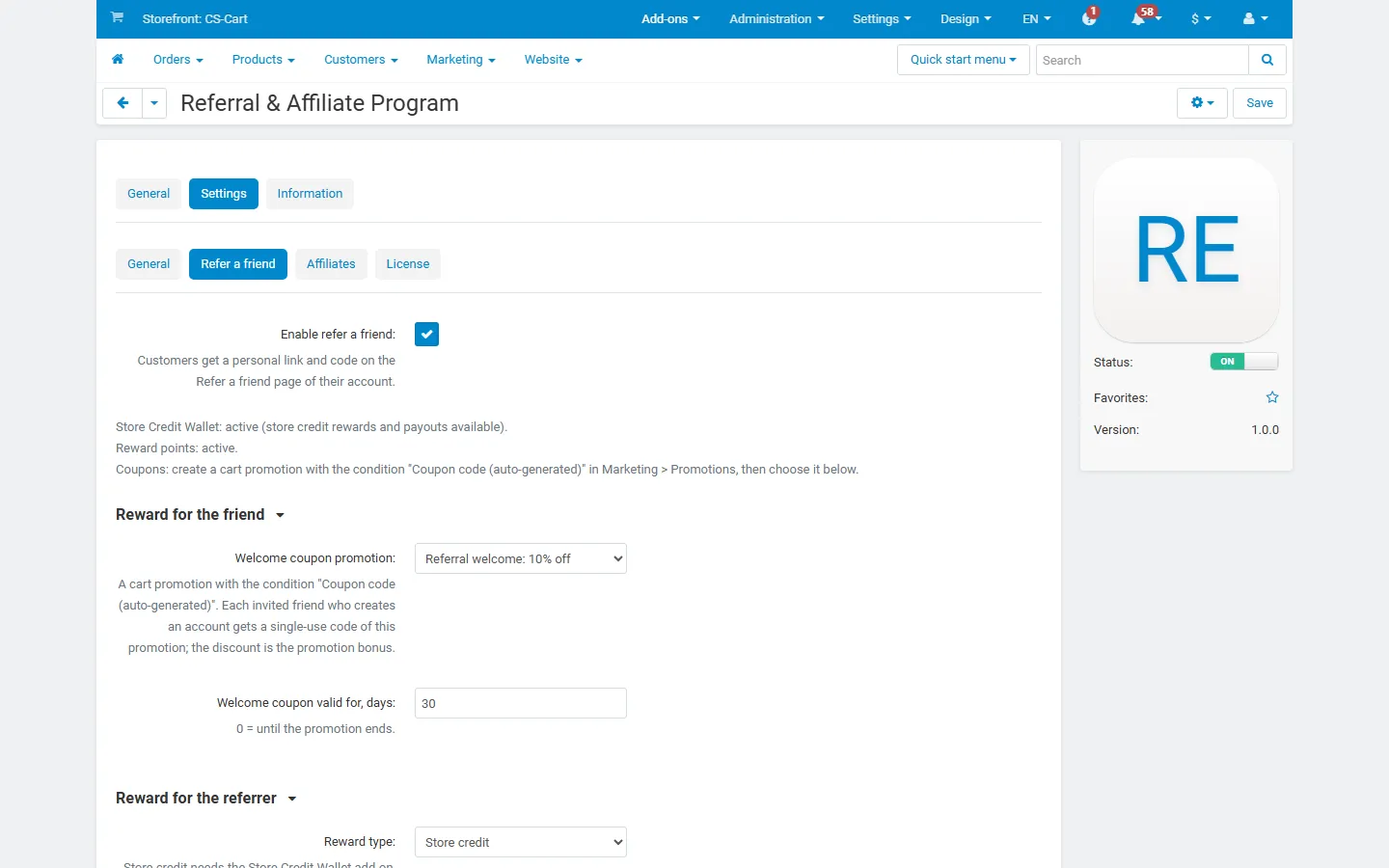 Settings: rewards for the friend and the referrer, hold period and limits.