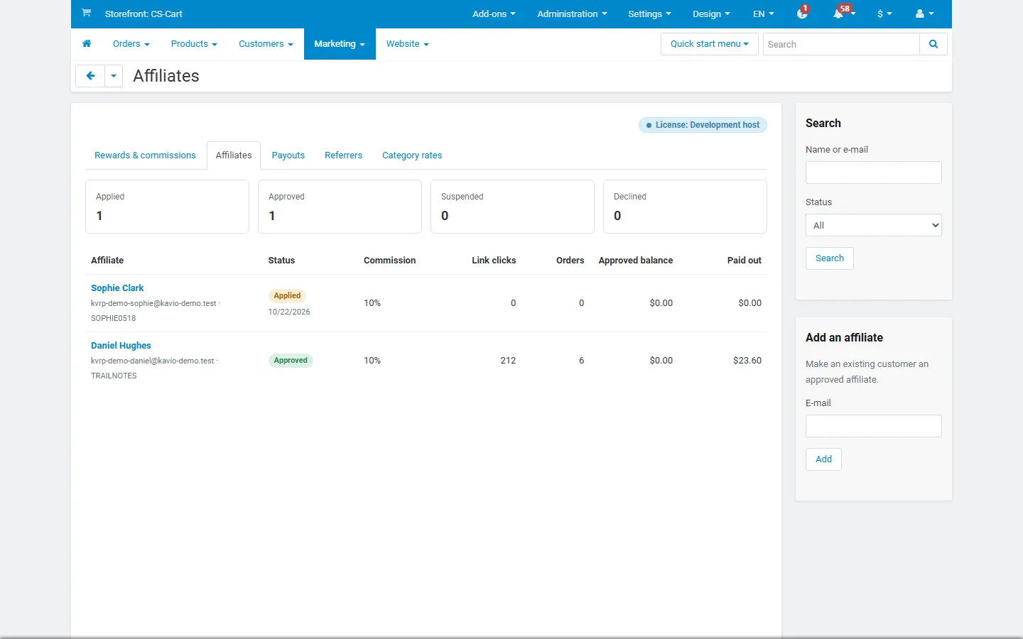 Settings: affiliate commissions, hold, payouts and terms.