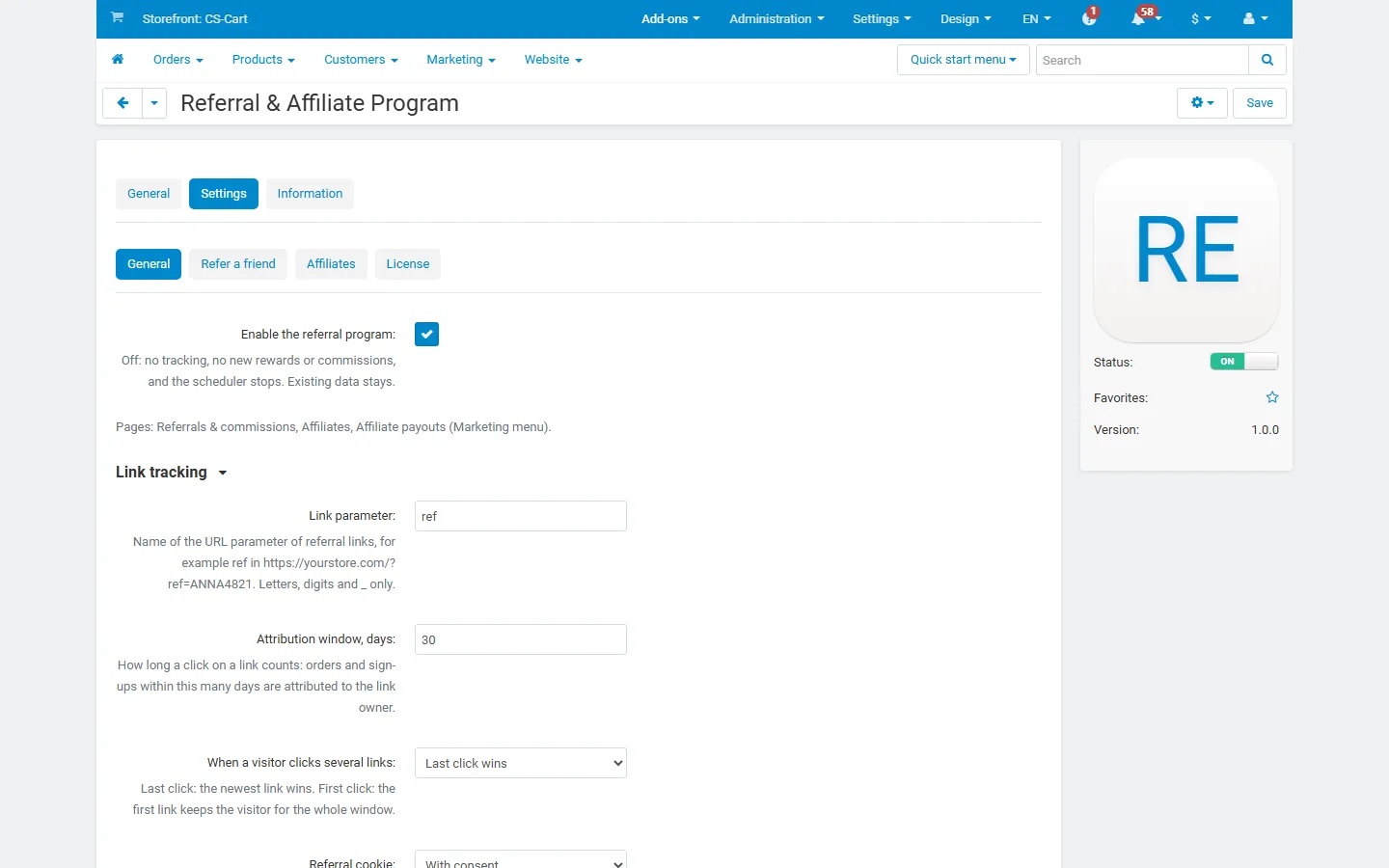 Settings: link tracking, consent and approval.