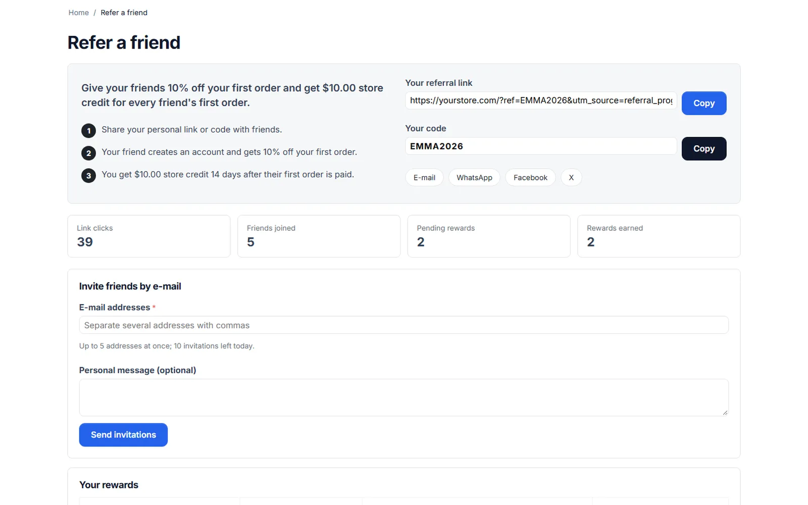 Refer a friend page: link, code, share buttons and statistics.