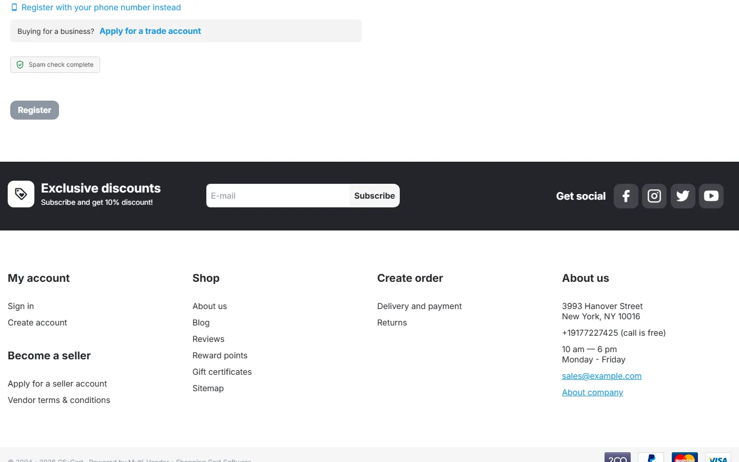 Registration form with the built-in check
