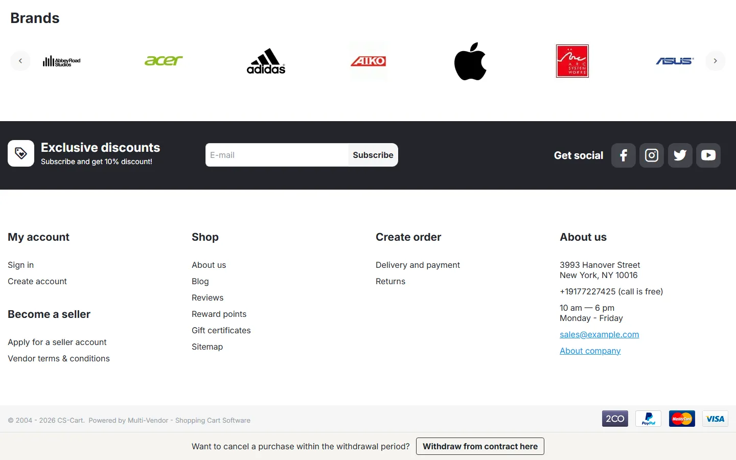 “Withdraw from contract here” strip at the bottom of every storefront page.