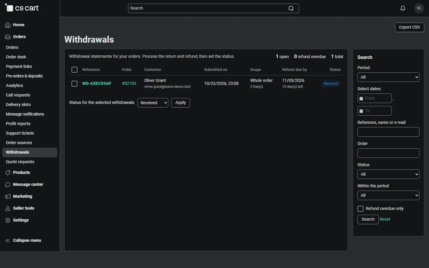Vendor panel: the vendor sees only the withdrawals of its own orders.