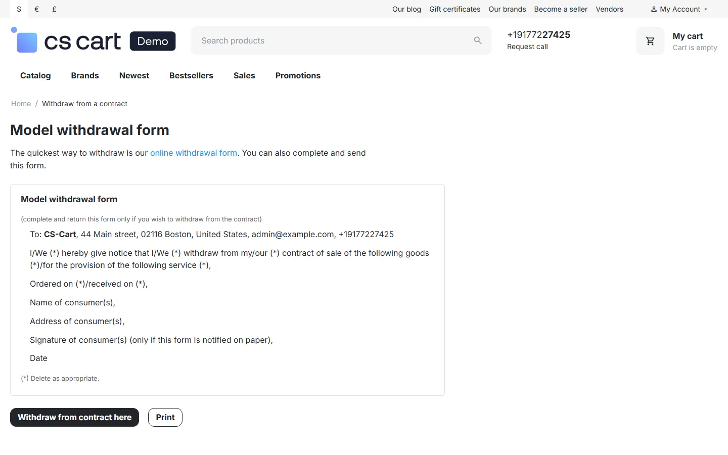 Model withdrawal form page with the store’s details.