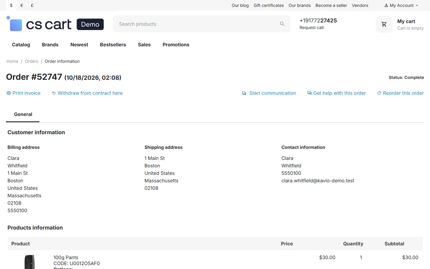 Customer order page with the “Withdraw from contract here” button.