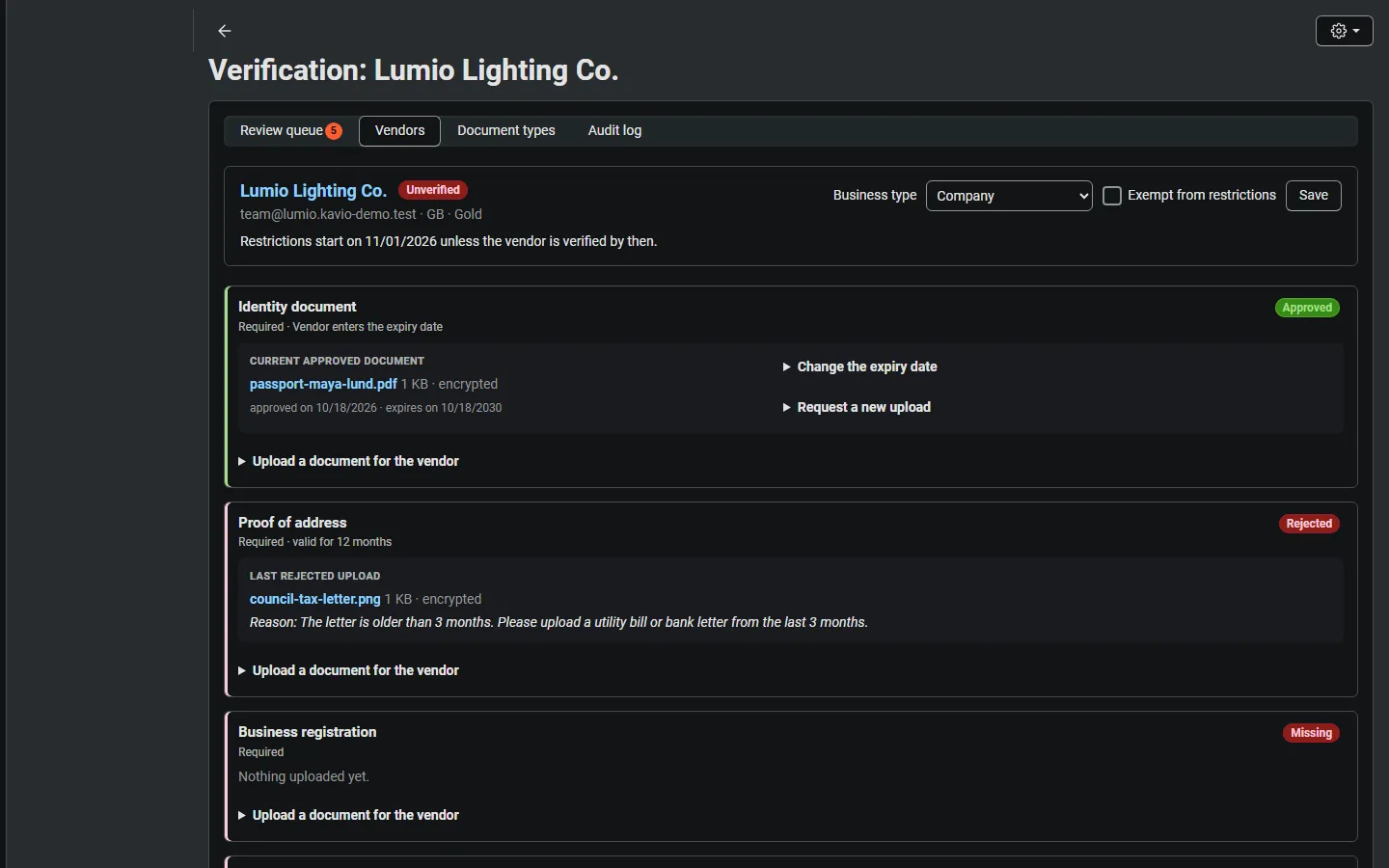 Vendors > Vendor verification > vendor review page: approved, rejected, missing and in-review documents with approve/reject.