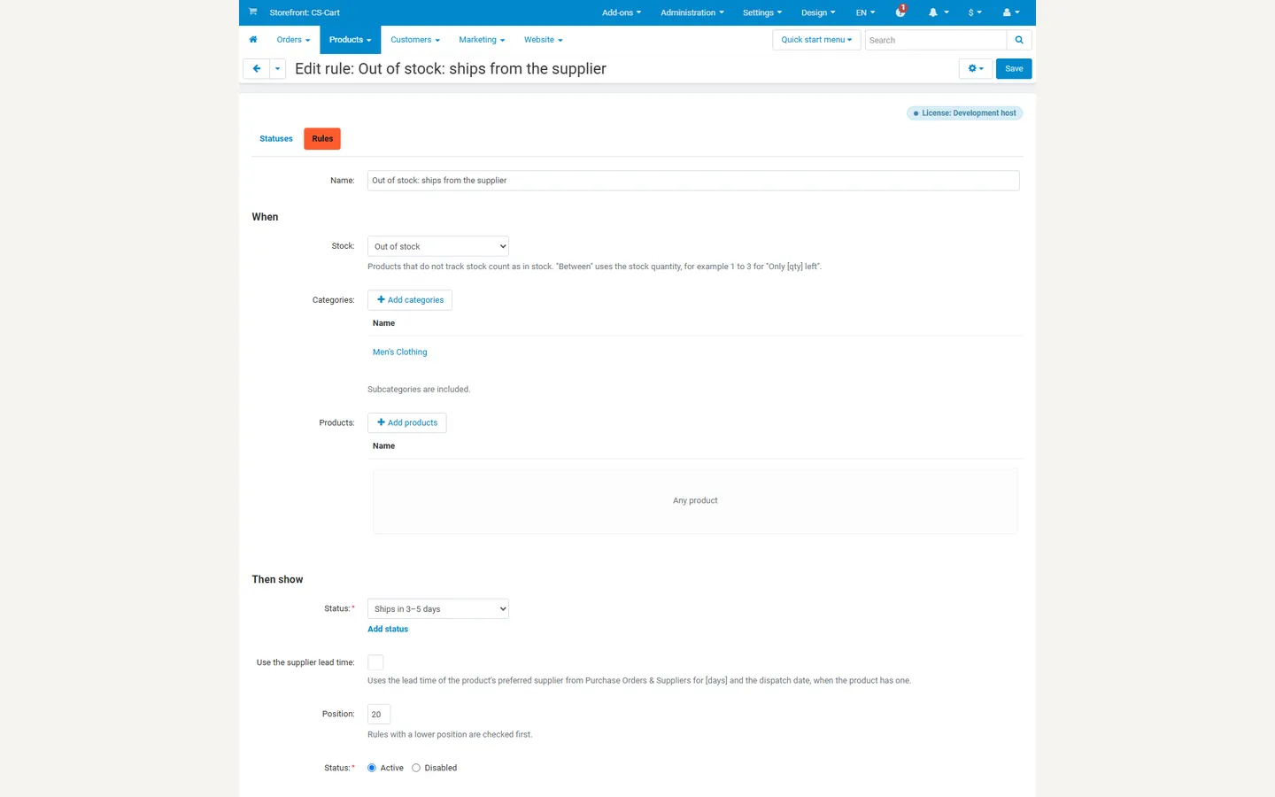 Rule editor: out of stock in a category shows “Ships in 3–5 days”.