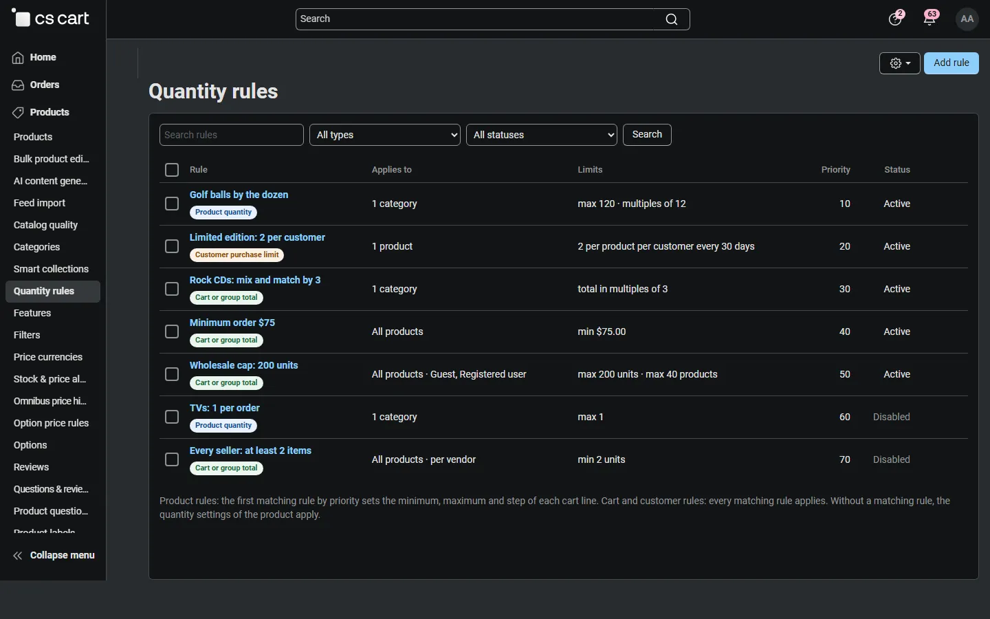 Quantity rules list