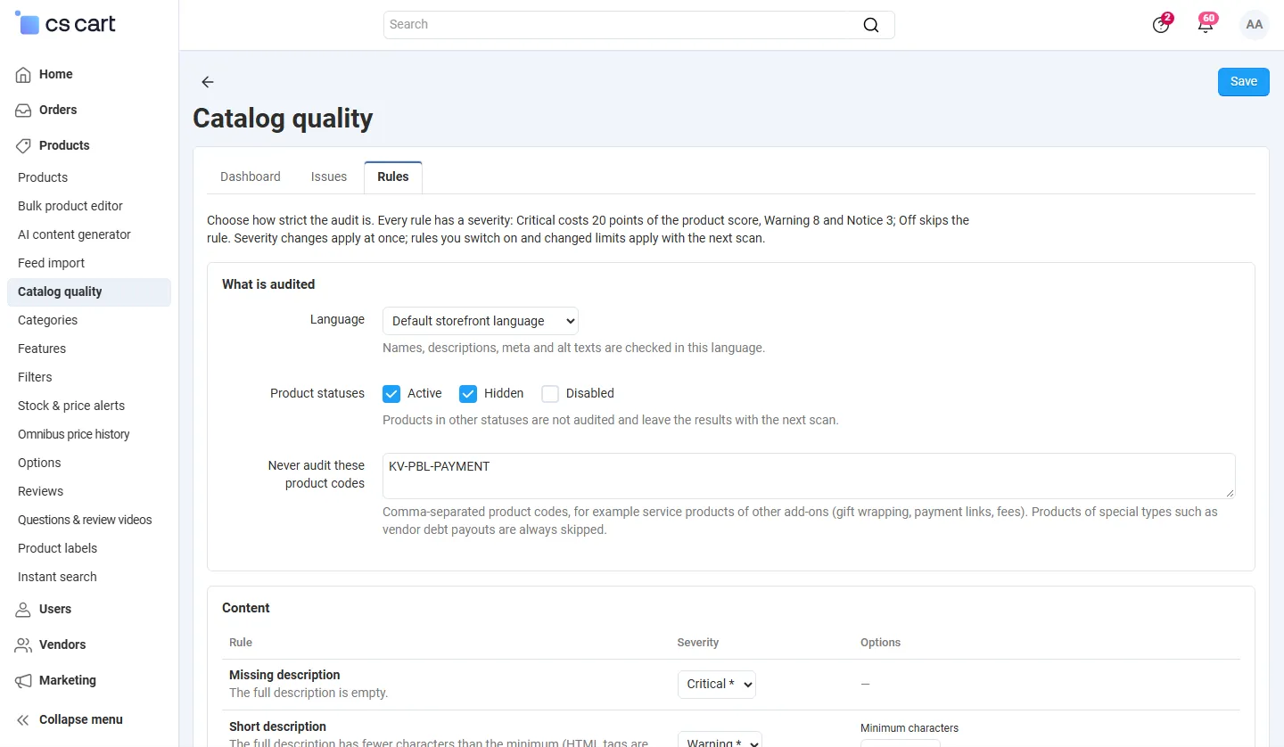 Rules: audited language, statuses and excluded codes; severity and limits per rule.