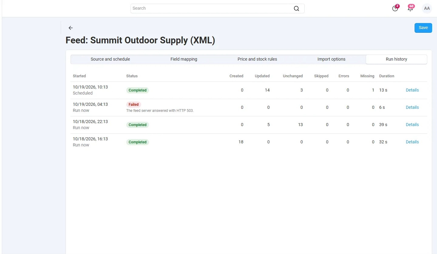 Run history: scheduled and manual runs with counters, one failed run with the HTTP status.