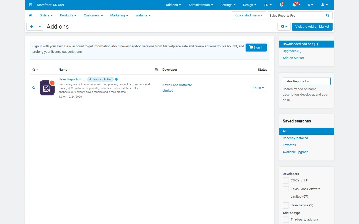 Add-ons list with the add-on active (placeholder icon until integration).
