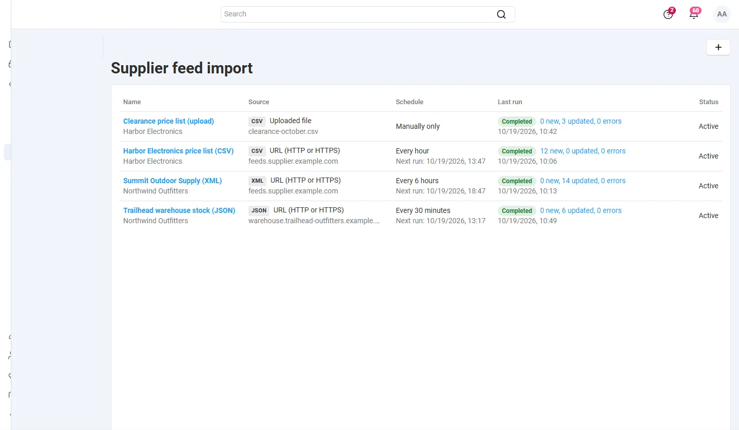 Products > Feed import: feeds with source, format, schedule, next run and the result of the last run.