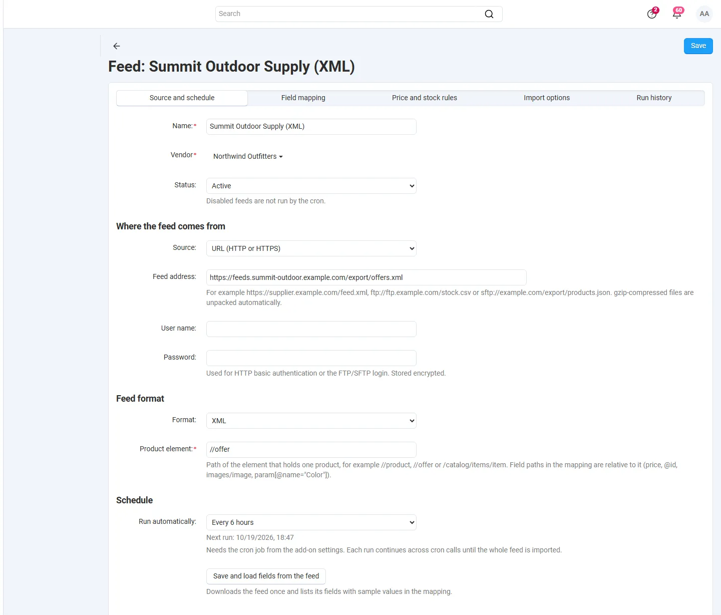 Feed page, Source and schedule: vendor, URL source, XML product element, run every 6 hours.