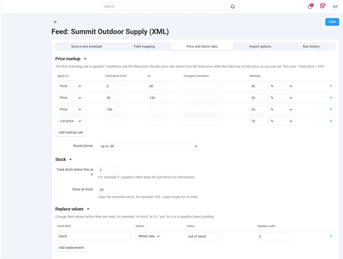 Price markup by price range, list price rule, .99 rounding, stock threshold and cap, value replacement.