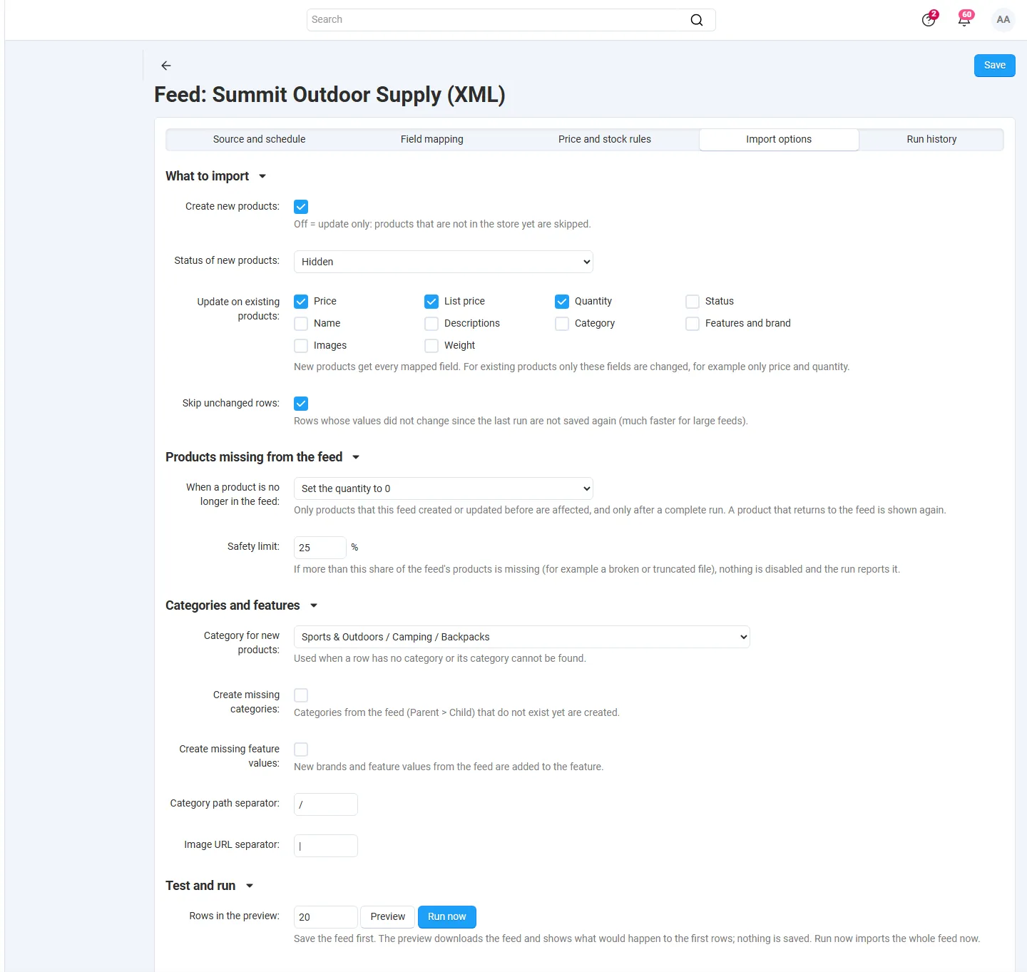 Import options: create, fields to update, skip unchanged, missing products with safety limit, categories.