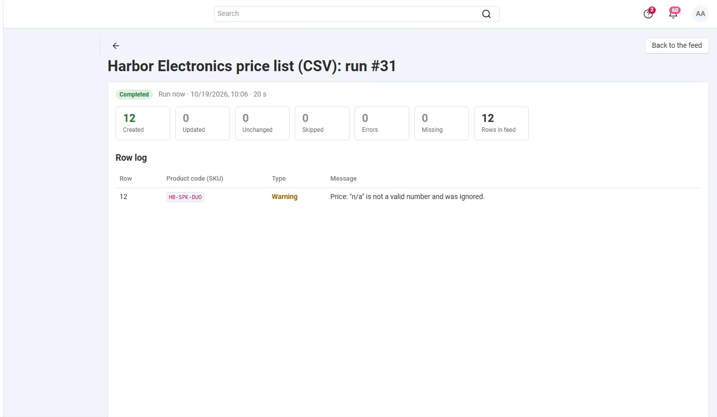 Run details: counters and the row log with a warning for an invalid price.