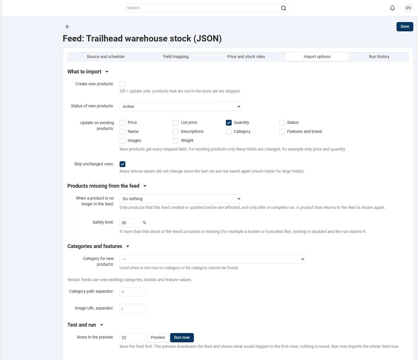 Vendor panel feed options: no category or feature value creation for vendors.