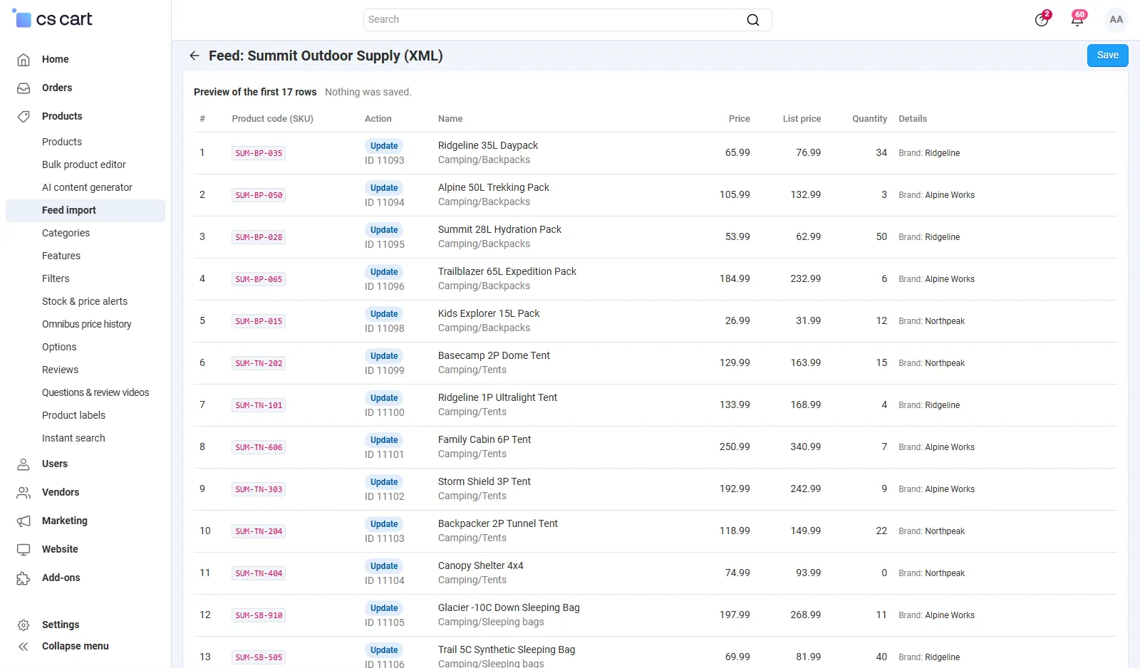Dry-run preview of a supplier XML feed in the feed page.