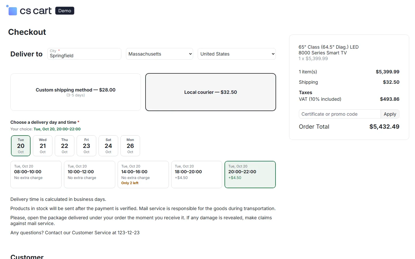 Checkout with the delivery day tabs and the time slots of the chosen shipping method