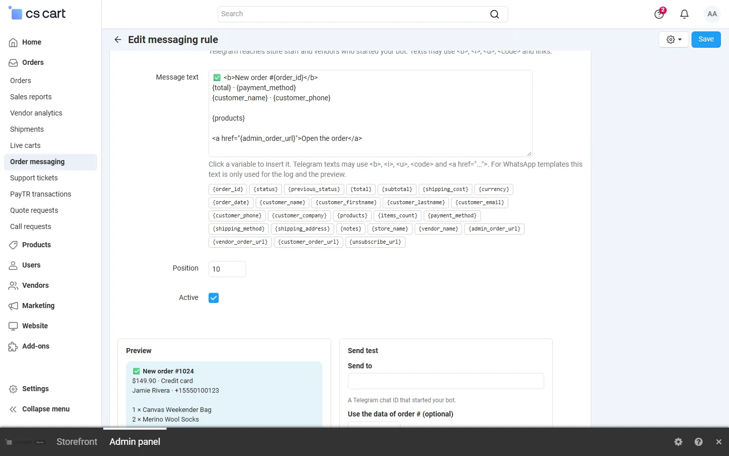 Rule editor: text with variables, live preview and Send test