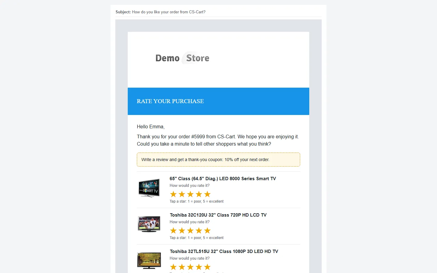 The review request e-mail: product cards with five star links and a “Write a review” button
