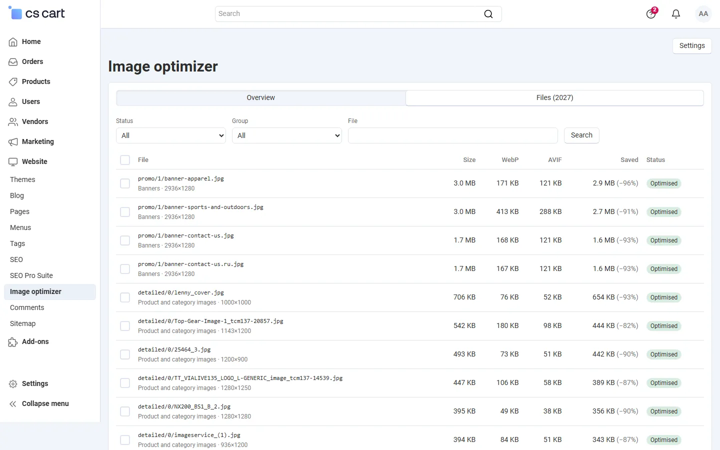 Files list with sizes, WebP and AVIF copies, savings and status