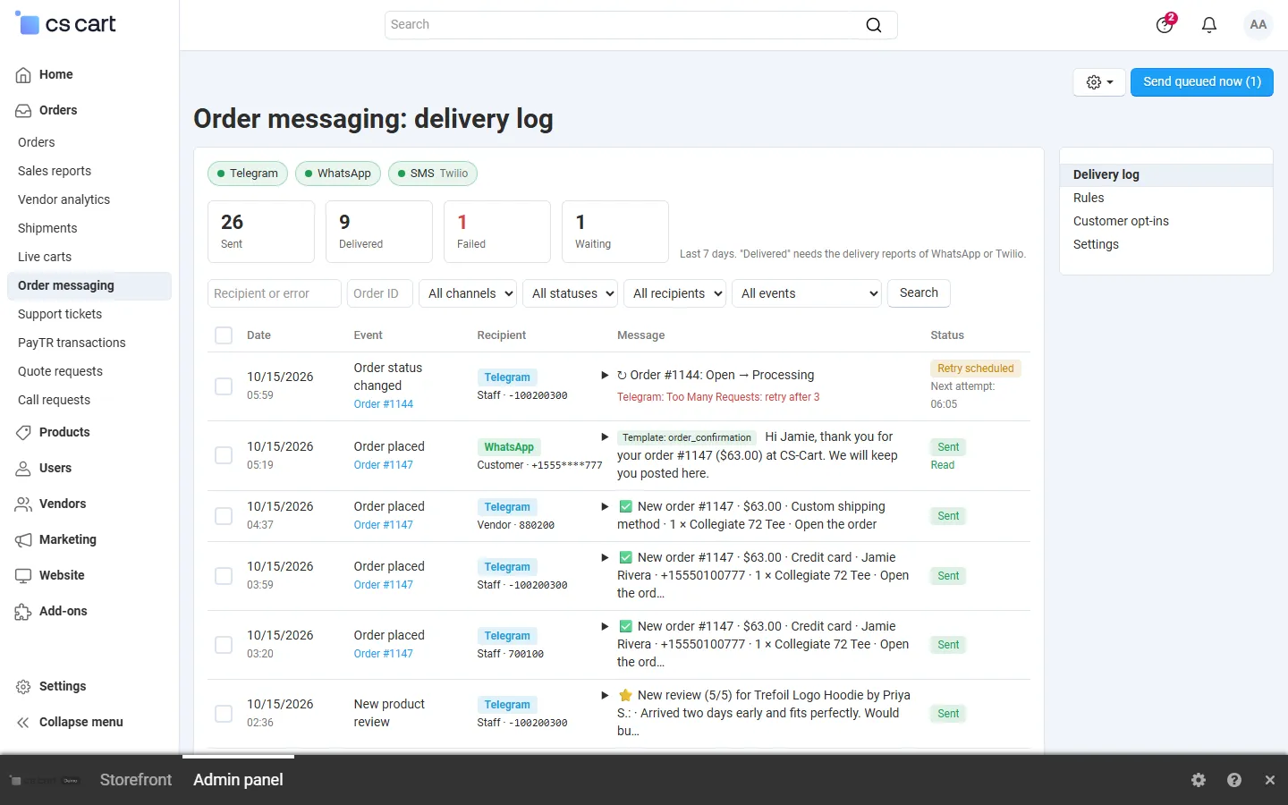 Delivery log with Telegram, WhatsApp and SMS messages, their status and the delivery reports
