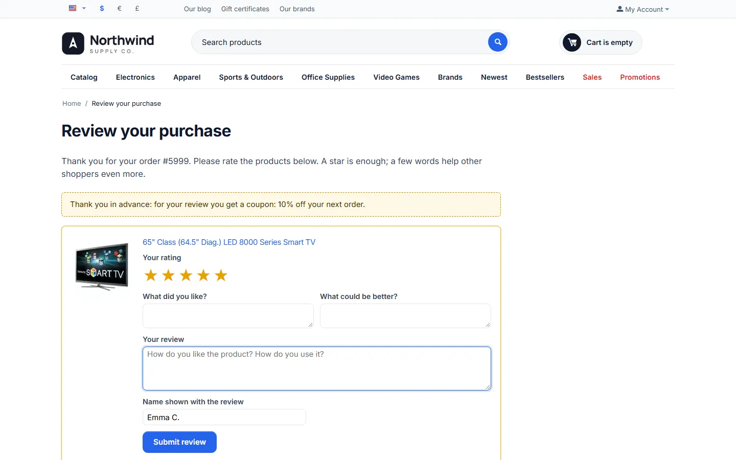 The review page: product picture, star picker with the clicked rating, comment fields and the display name